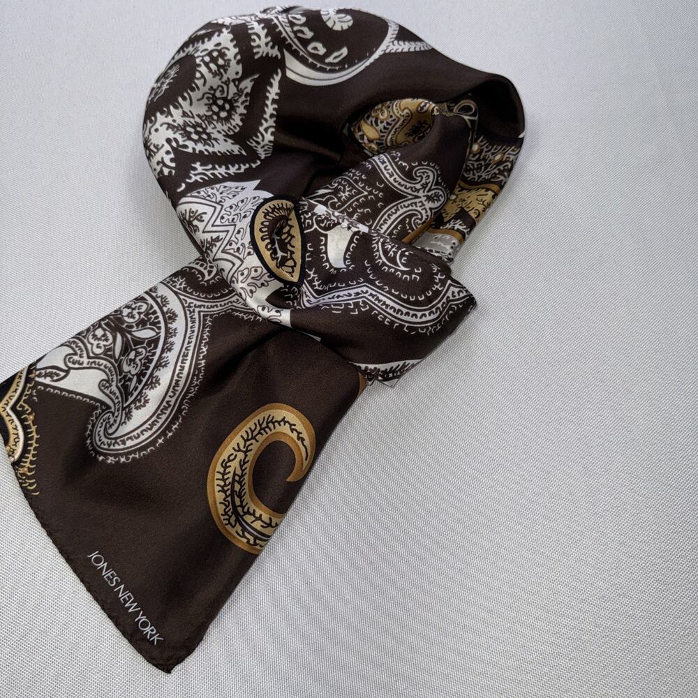 100% Silk Scarf Brown Gold Paisley Boho Vintage Style Rectangle Jones New York